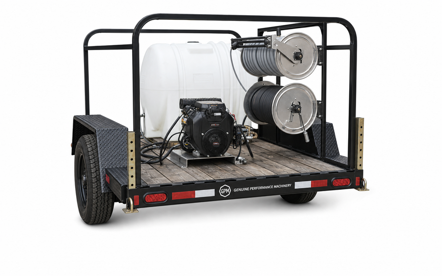 Platypus compact pressure washing trailer with single pump and two hose reels